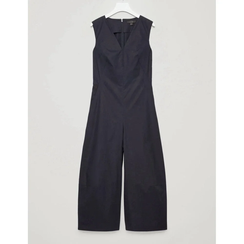 COS Linen Blend Sleeveless Wide Leg Cropped Jumpsuit Navy Minimalist Lagenlook